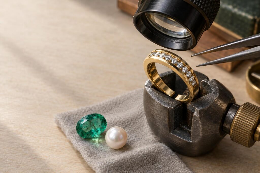 Gold ring with channel-set diamonds in a ring clamp, with a loupe, an emerald and a pearl nearby