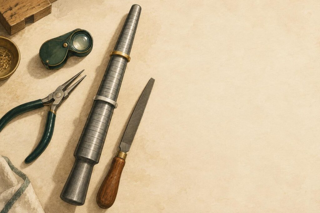 Jeweller's workbench with a ring band on a sizing mandrel, surrounded by resizing tools like pliers and files.