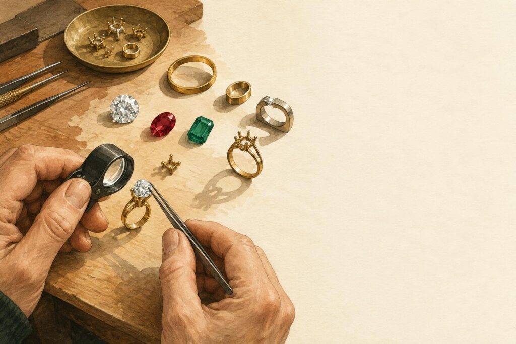 Loose gemstones and various metal ring setting styles arranged on a jeweller's workbench with hands examining details.