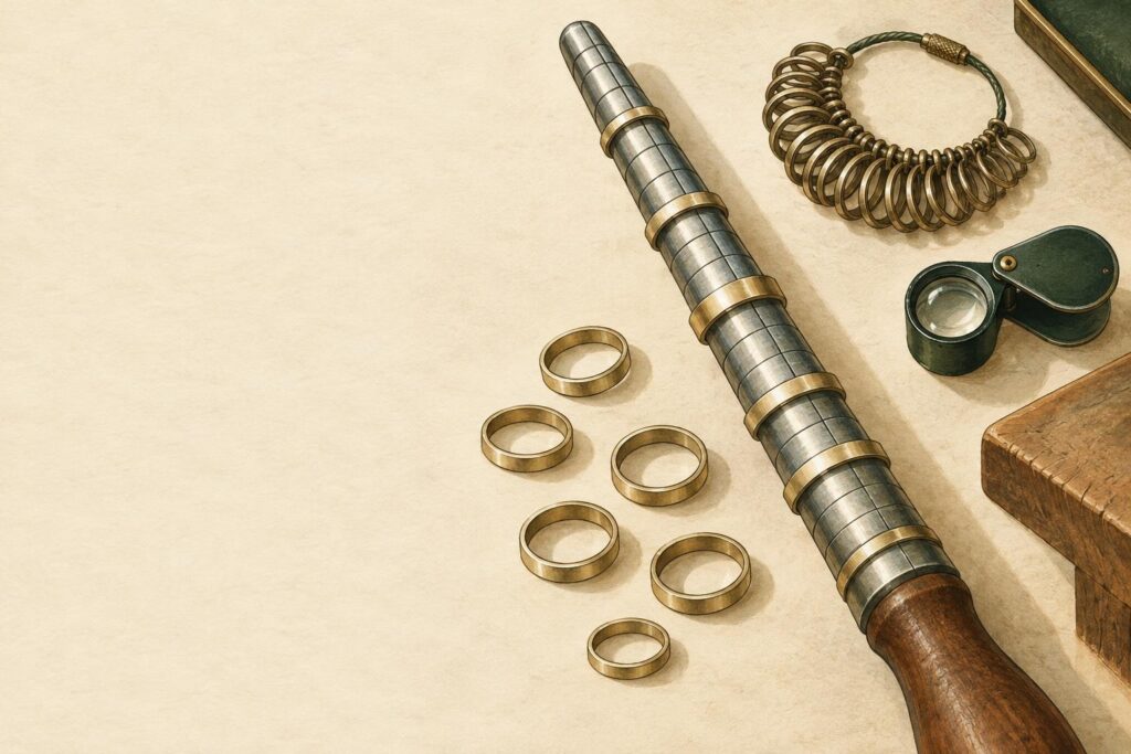 Metal ring mandrel with bands at different sizes and jeweller's sizing tools on a workbench.