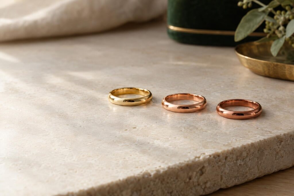 Three plain bands in yellow, rose and deep red-rose gold on pale stone