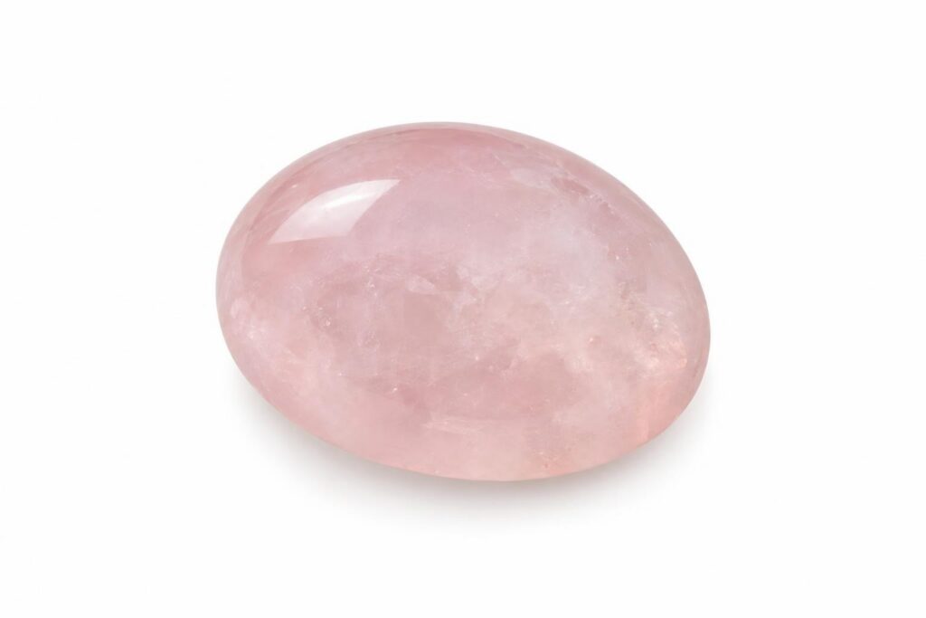 Oval pale pink rose quartz cabochon with a smooth polished dome and a soft, cloudy translucence
