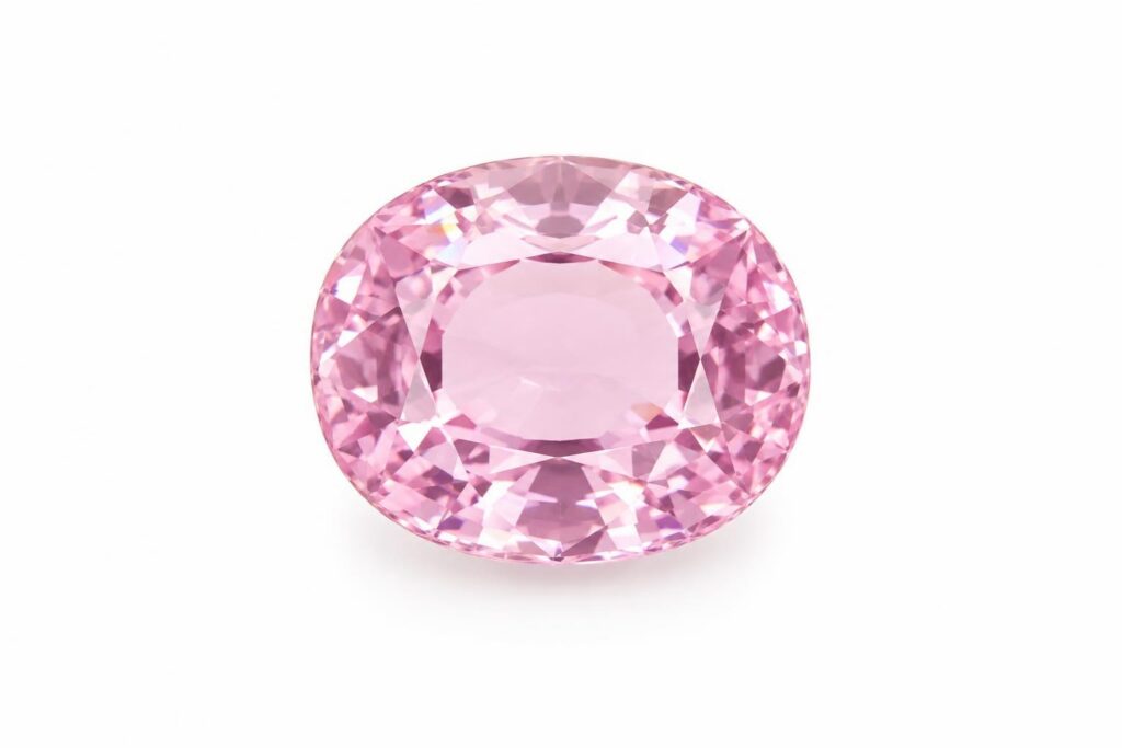 Pale pink oval faceted corundum stone on white, light enough to be called a pink sapphire