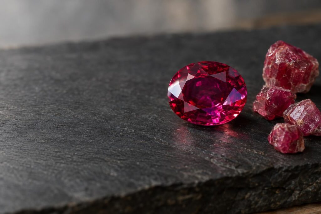 Vivid red oval-cut ruby beside rough ruby crystals on dark slate