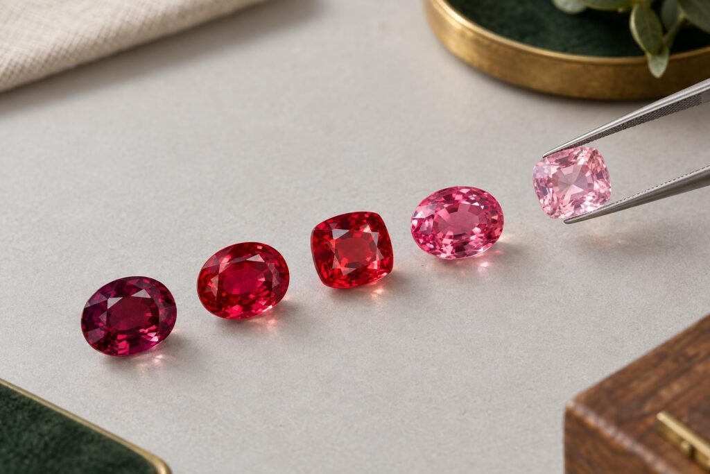 Row of red to pink corundum stones showing the ruby and pink sapphire colour range