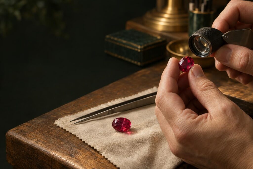 Jeweller examining an oval ruby with a loupe, tweezers and a second ruby nearby