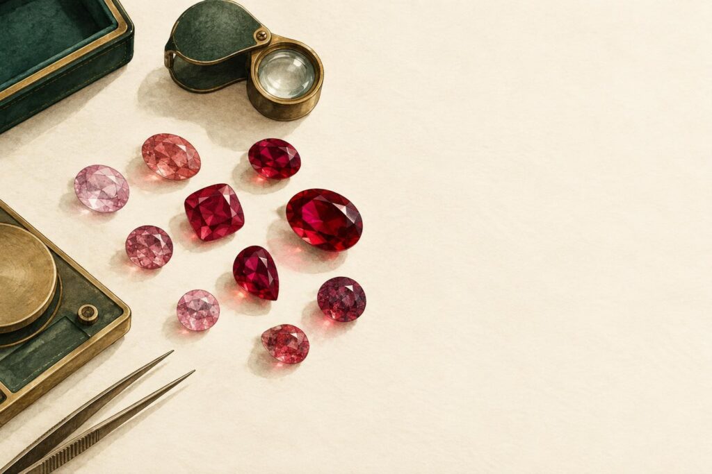 Loose rubies in different shades of red arranged on a jeweller's workbench with a magnifying loupe and gemstone scale.