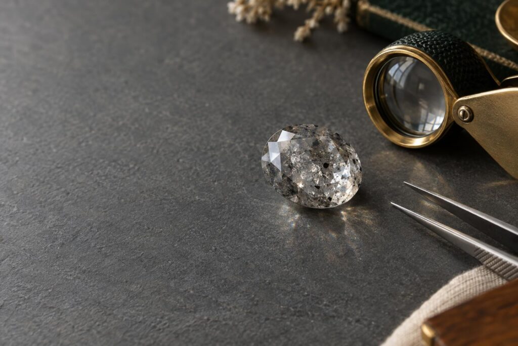 Loose grey rose-cut salt-and-pepper diamond with a loupe and tweezers on a slate surface