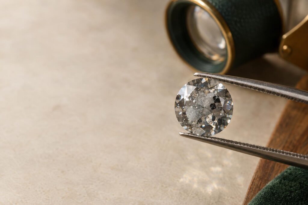 Close-up of a salt-and-pepper diamond showing white pinpoints, clouds and dark crystal inclusions