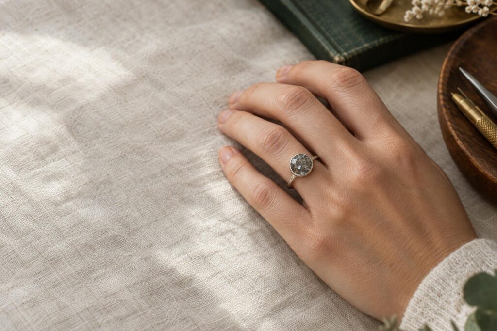 Hand wearing a bezel-set salt-and-pepper diamond ring on the ring finger