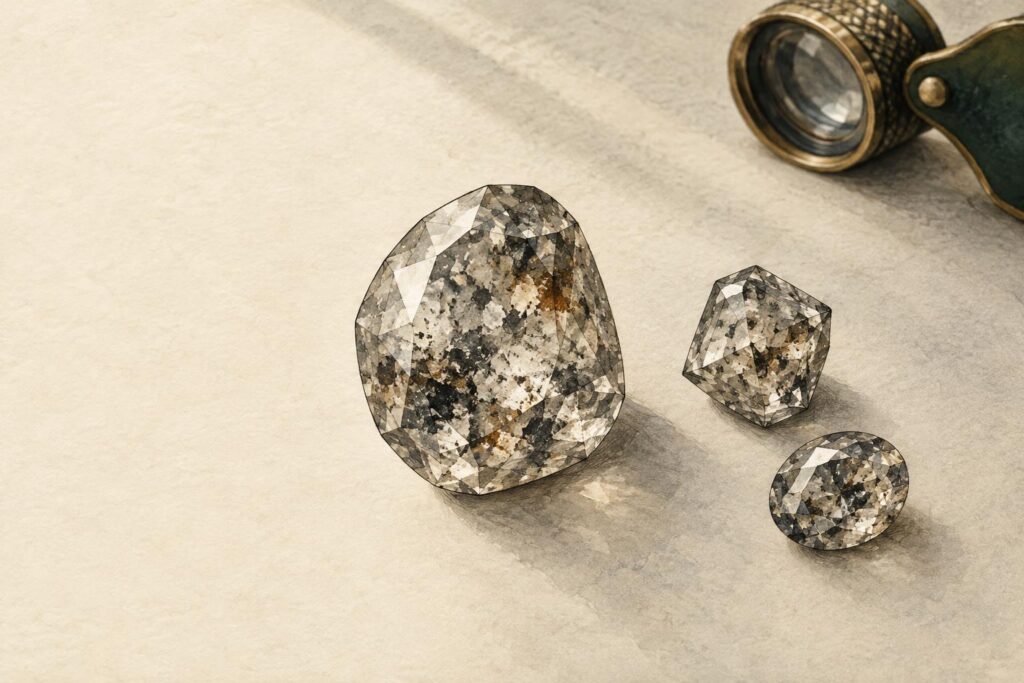 Three loose salt-and-pepper diamonds with visible dark and light inclusions, with a jeweller's loupe on a neutral surface.