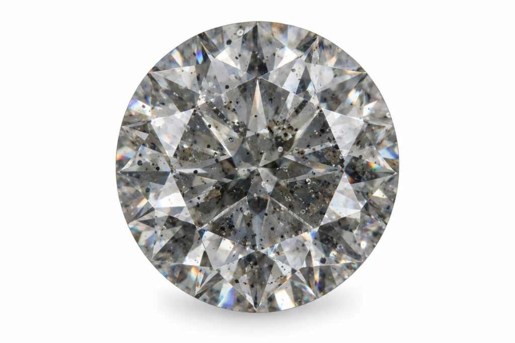A polished diamond in close-up with one tiny dot-like pinpoint inclusion inside