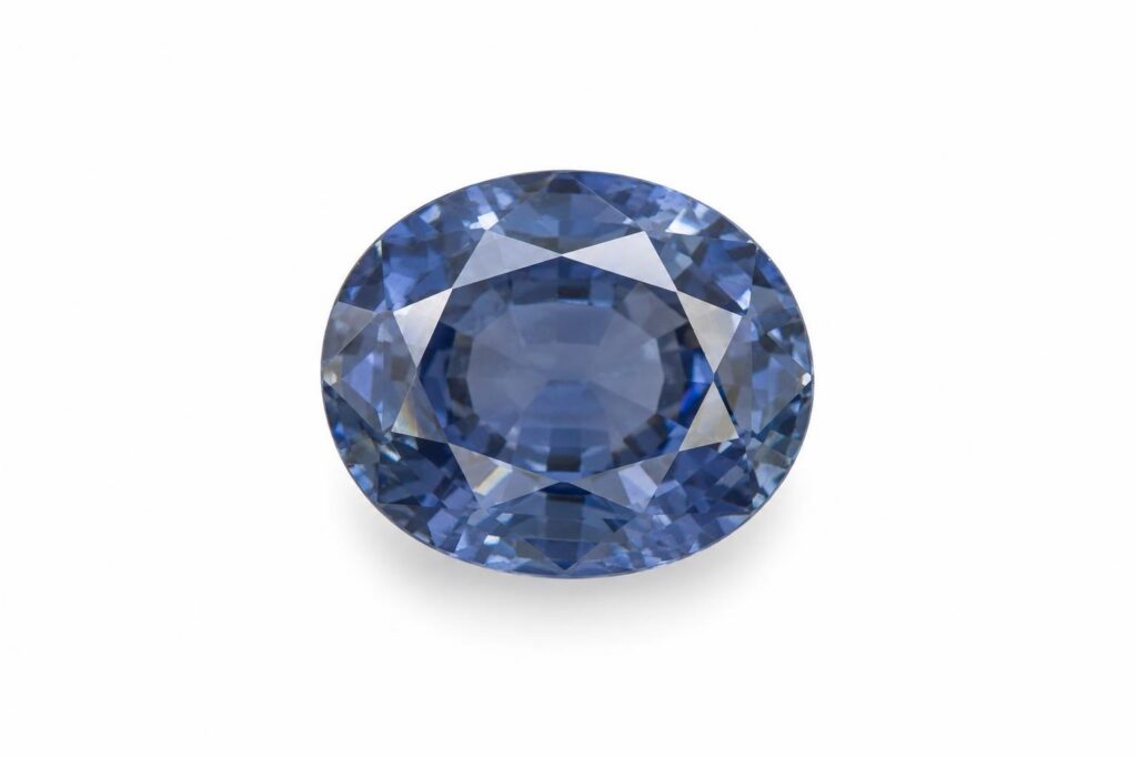 Loose oval blue sapphire with a dull, greyish cast, seen from above on white