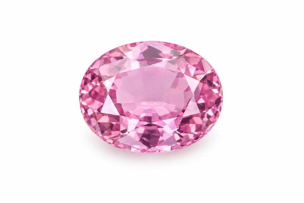 Loose oval-cut pink sapphire on a white background