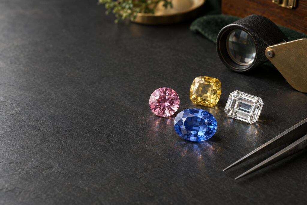 Loose blue, pink, yellow and white sapphires on dark slate with a loupe and tweezers