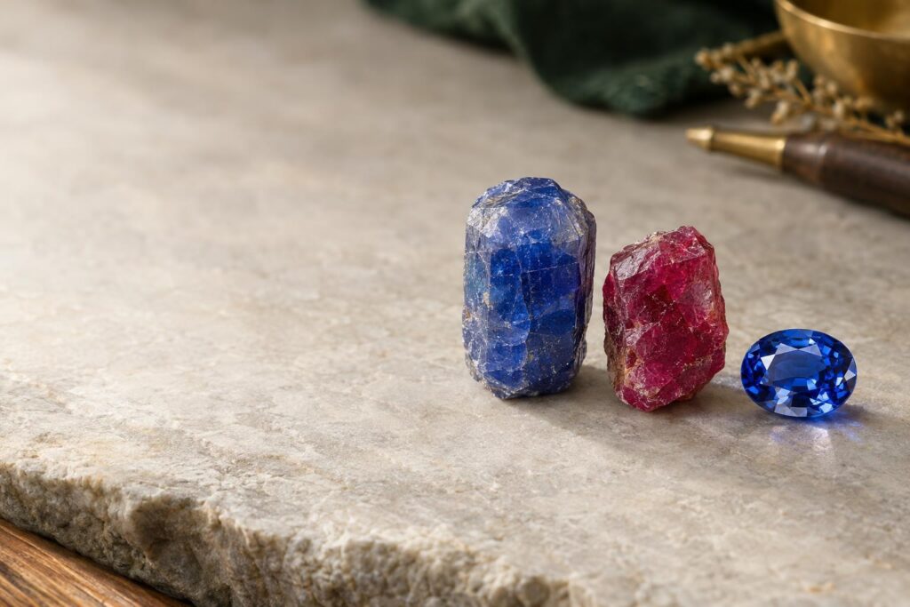 Rough blue and red corundum crystals beside a cut blue sapphire on grey stone