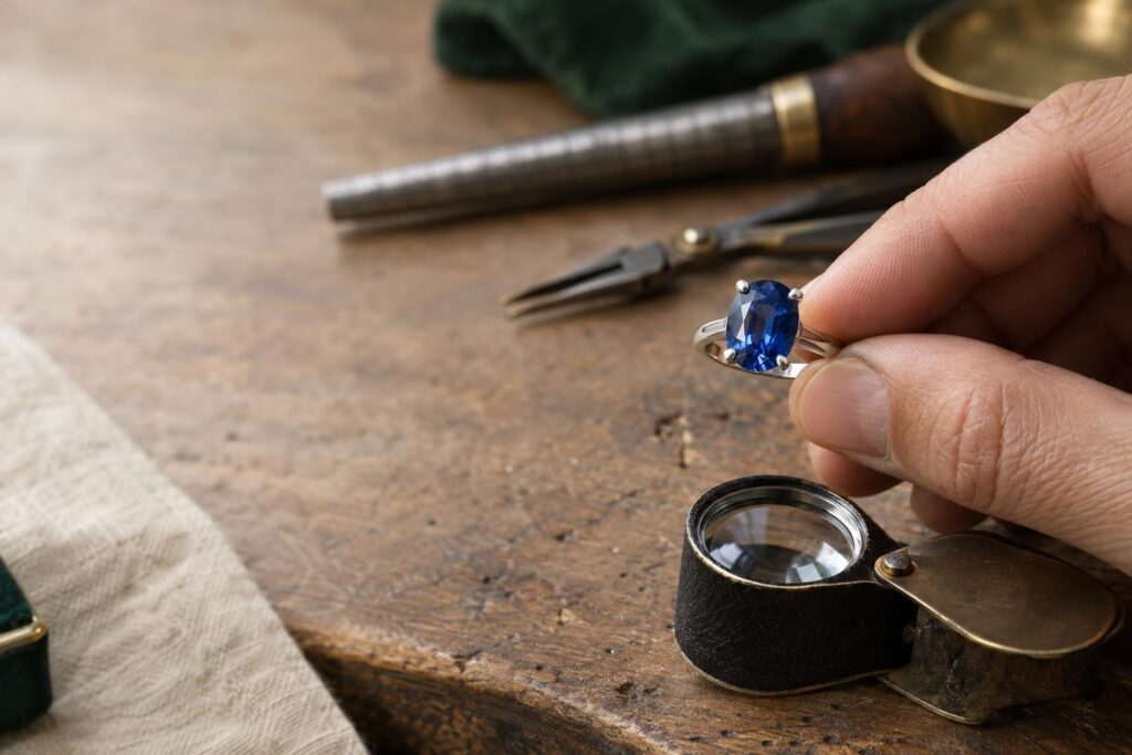 Jeweller inspecting a blue sapphire ring's claws at a bench with loupe and mandrel