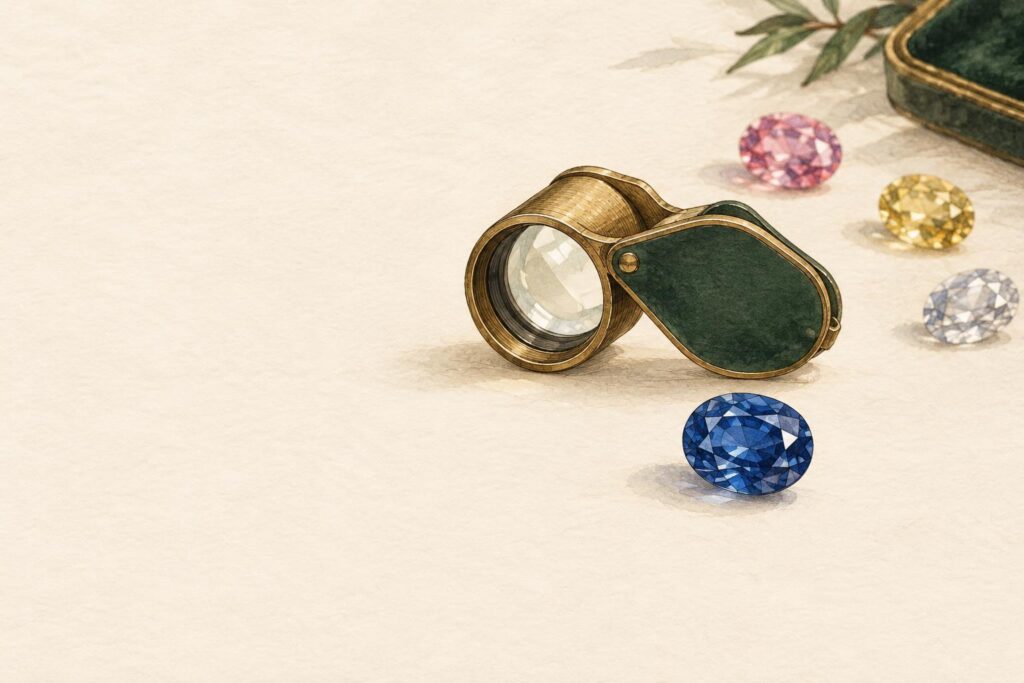 Loose sapphires in various colours—blue, pink, yellow and white—arranged with a jeweller's loupe on a work surface.