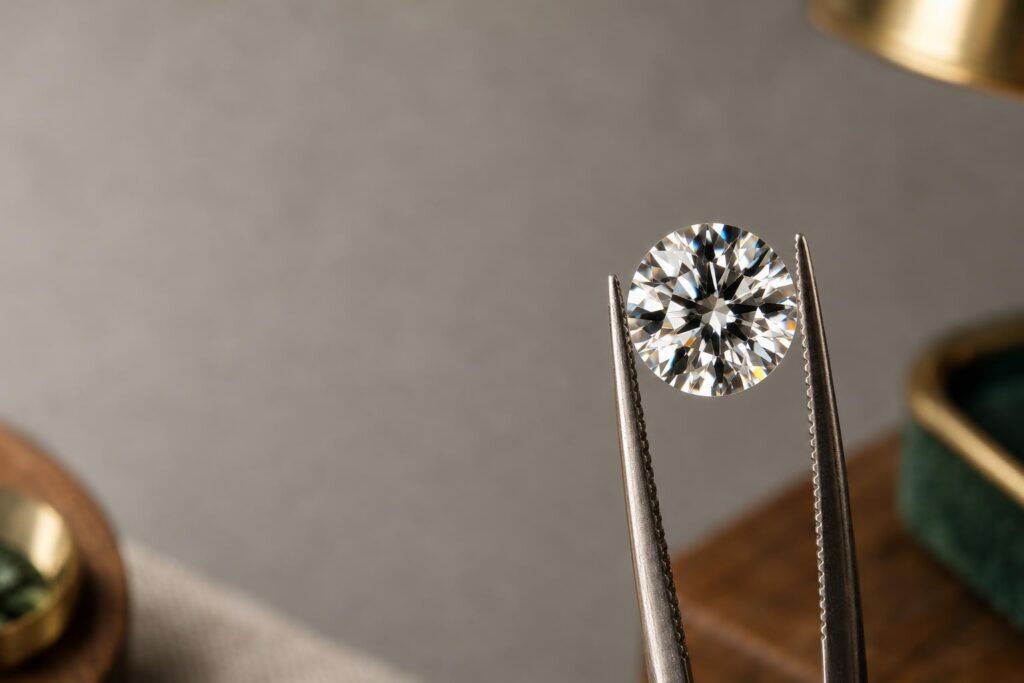 Round brilliant diamond held in tweezers, its facets showing bright flashes and dark patches in a pattern