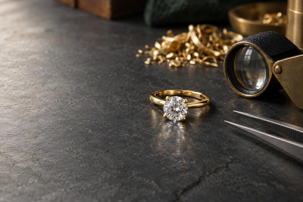 Diamond solitaire ring on a slate bench beside a loupe, tweezers and gold scrap, with open space on the left