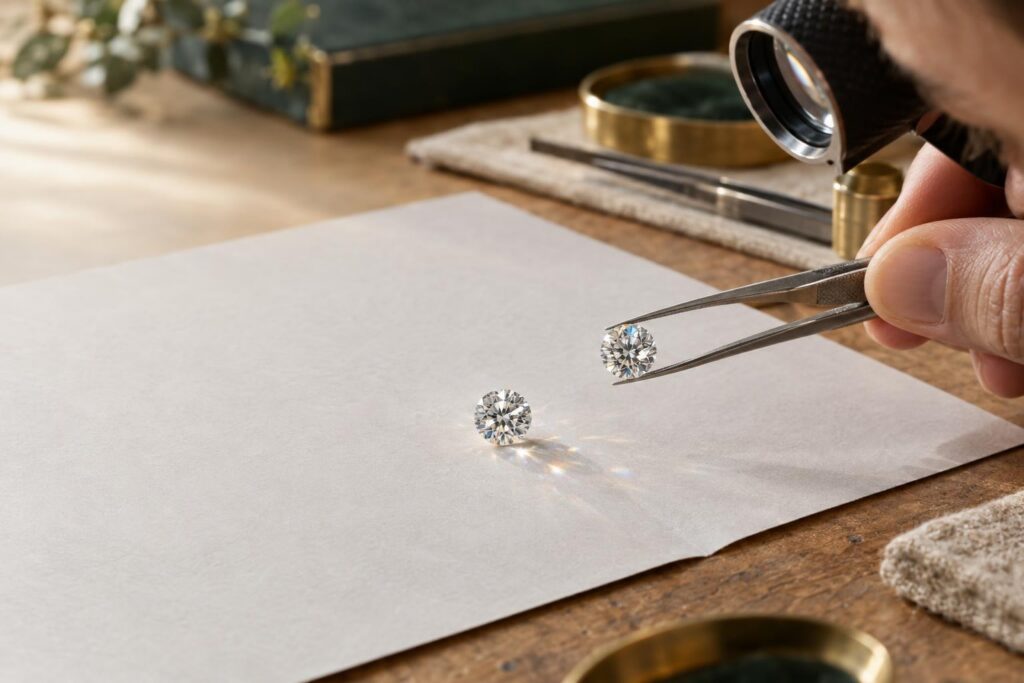 Two near-identical round brilliant diamonds, one held in tweezers, on a jeweller's bench