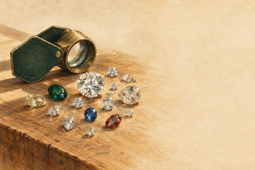 Jeweller's loupe and loose diamonds on workbench with varying clarity and brilliance under natural light