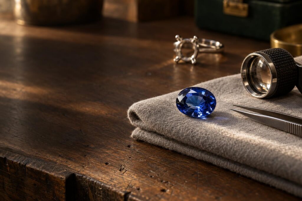 Oval blue sapphire with loupe, tweezers and an empty prong ring mount on a jeweller's bench