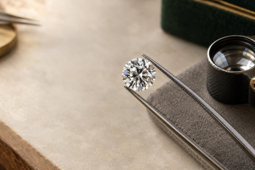 Round brilliant diamond in tweezers with a small feather near the girdle, ready for loupe inspection