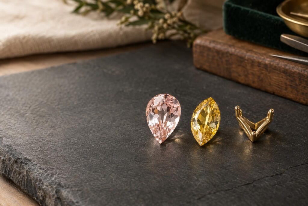 Pear and marquise cut gemstones beside an empty gold V-prong setting on dark slate