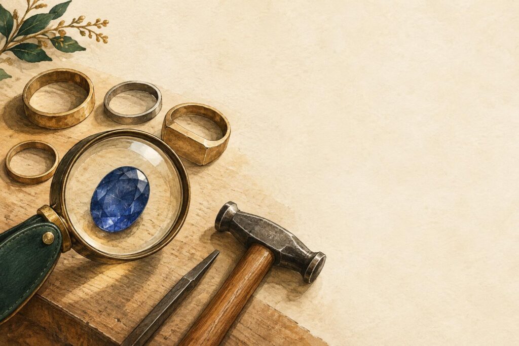 Loose gemstone viewed through a jeweller's loupe on a workbench with ring-setting tools nearby