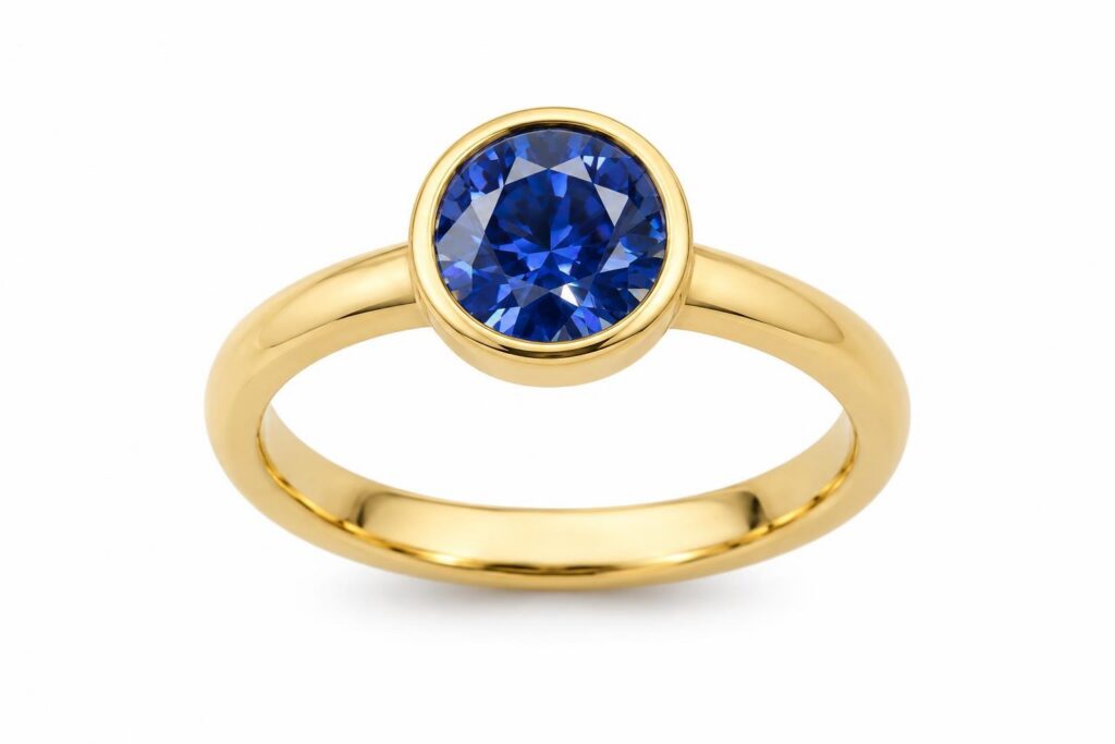Gold ring with a round blue sapphire in a full bezel rim