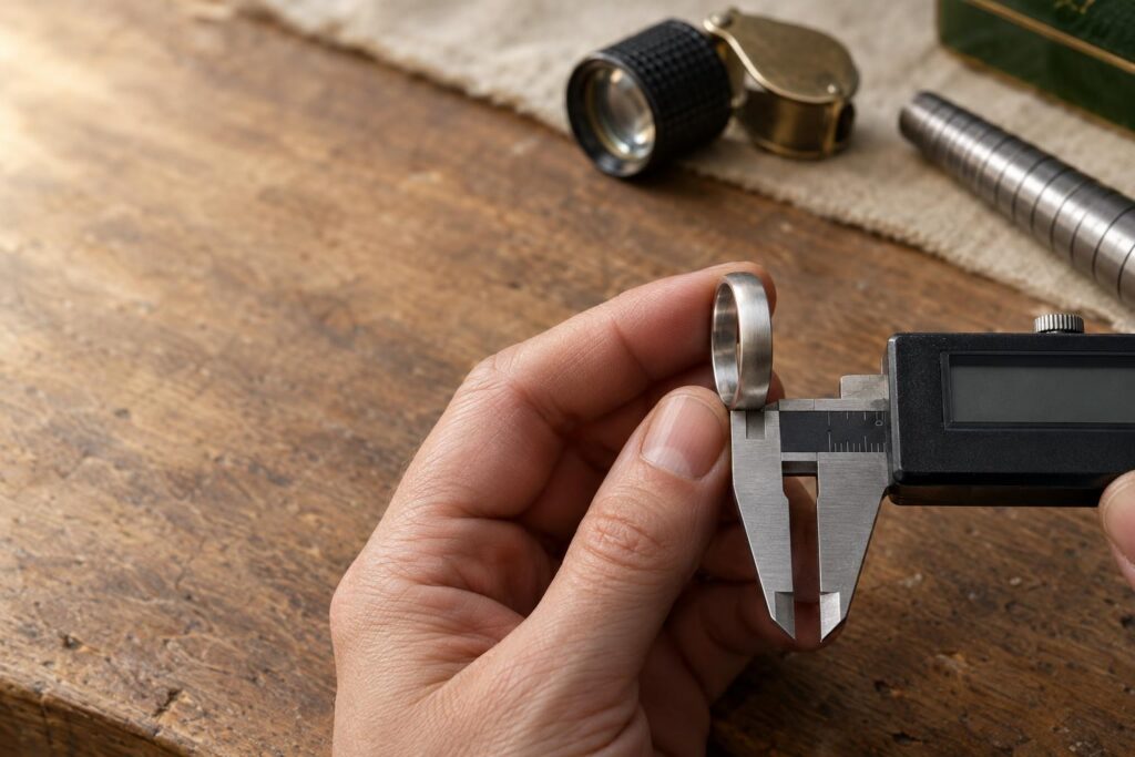 Calliper measuring the thickness of a platinum ring shank at a jeweller's bench