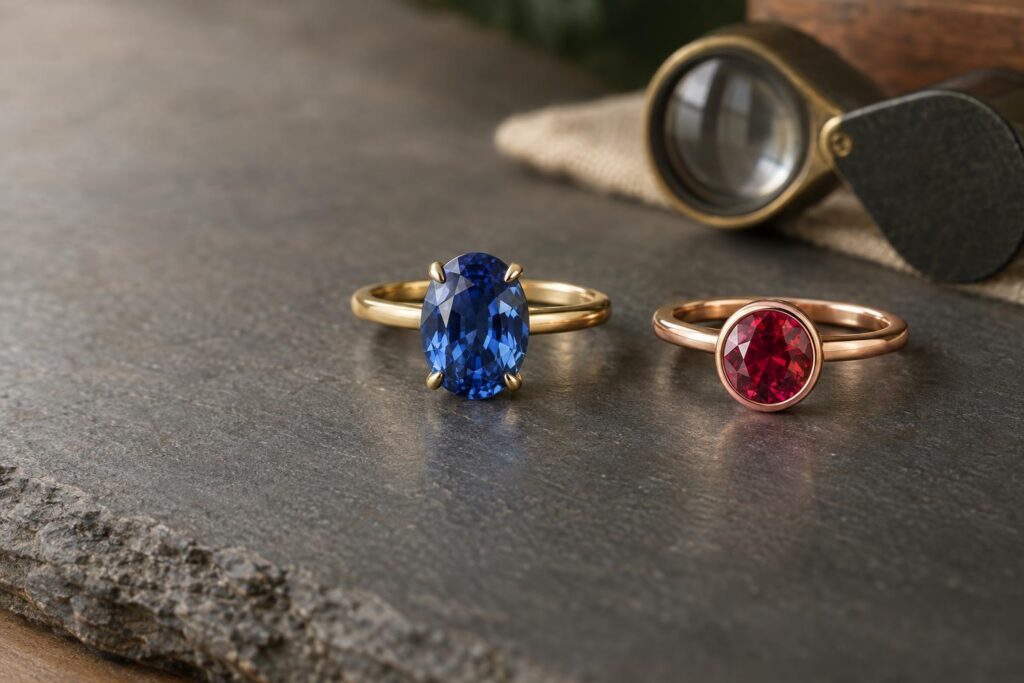 Prong-set sapphire ring beside a bezel-set ruby ring on slate
