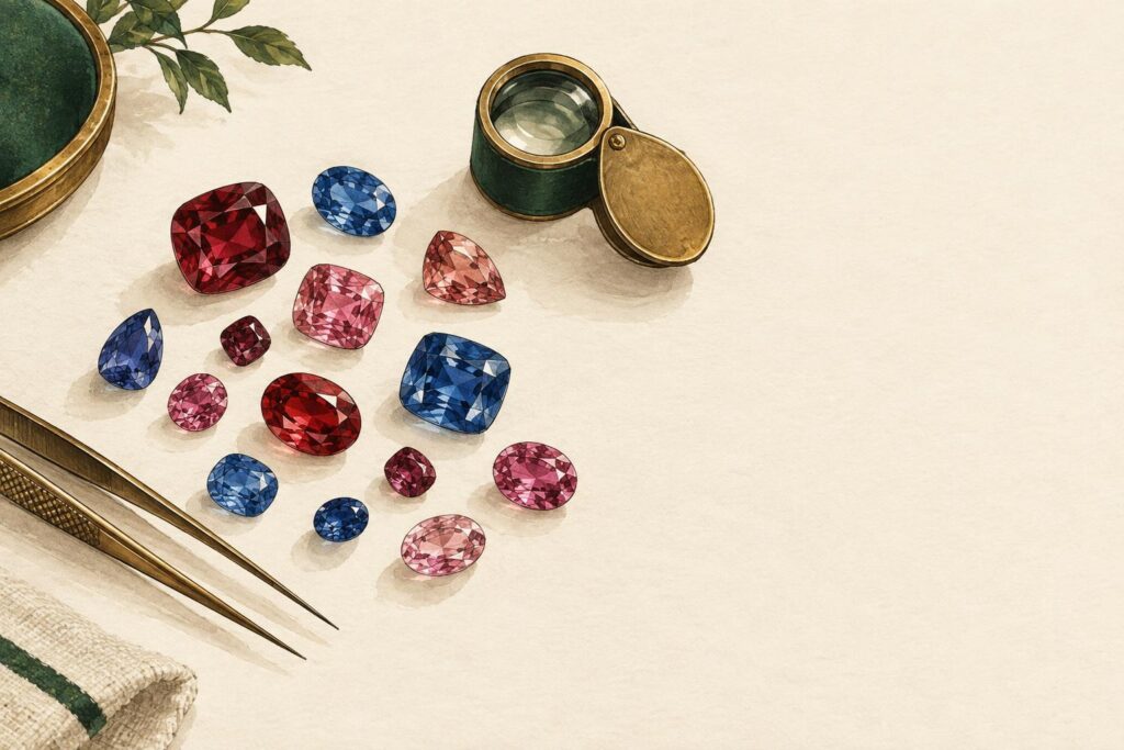 Loose faceted spinels in red, blue, and pink hues arranged on a jeweller's workbench with magnification tools.