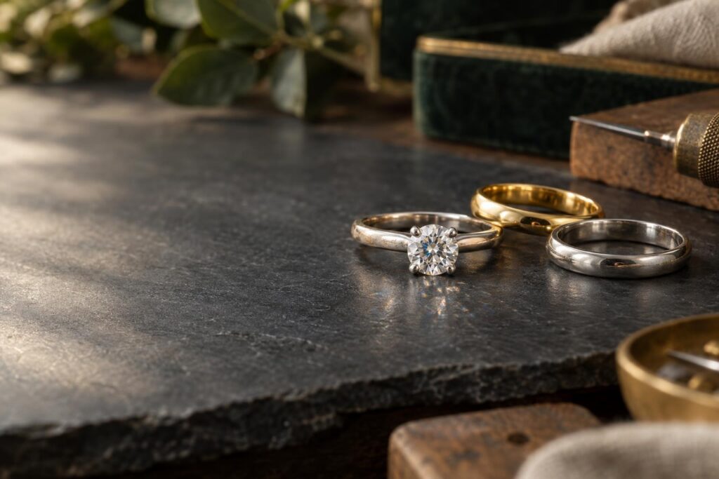 Sterling silver solitaire ring beside gold and platinum bands on a slate jeweller's bench