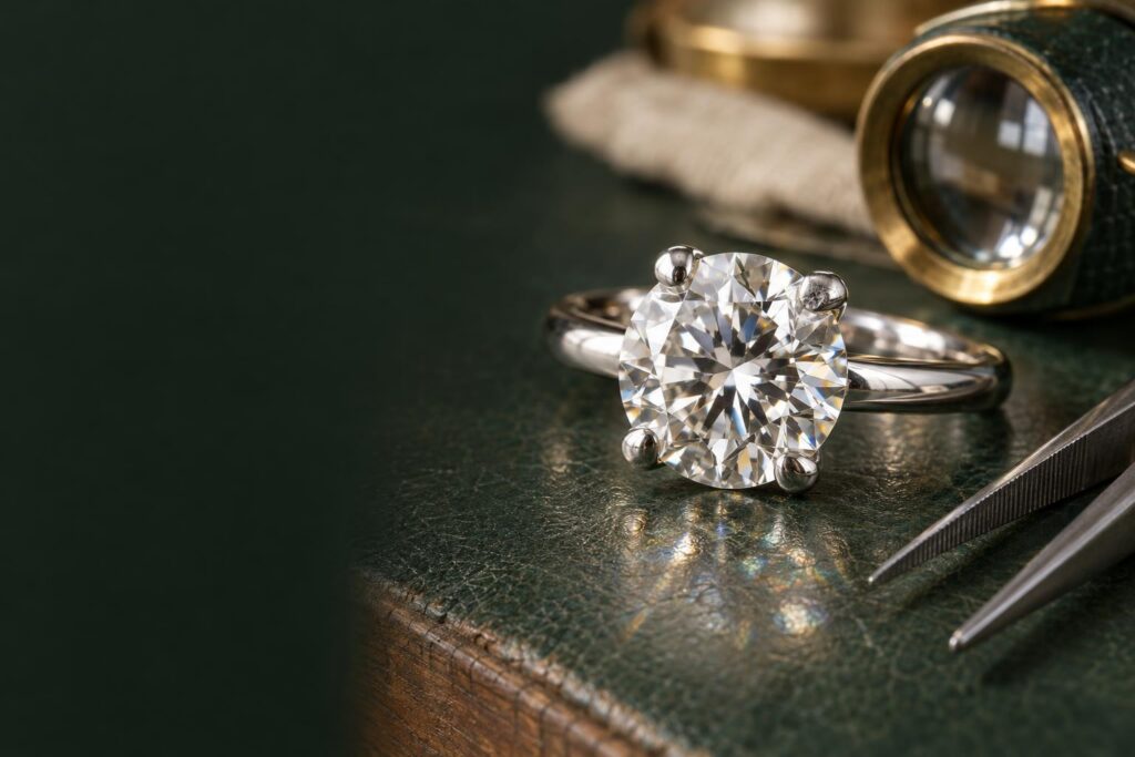 Close-up of scratched silver claw holding a round diamond beside a loupe and tweezers