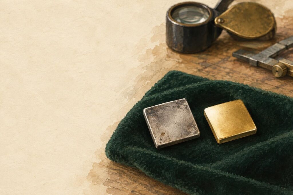 Worn sterling silver and polished gold metal samples on a jeweller's bench, showing tarnish and scratching differences.