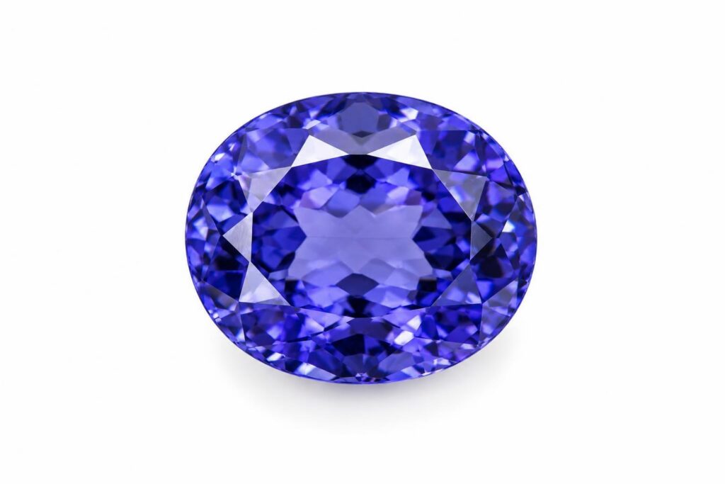 Oval faceted tanzanite in a rich violet blue, seen from above on white