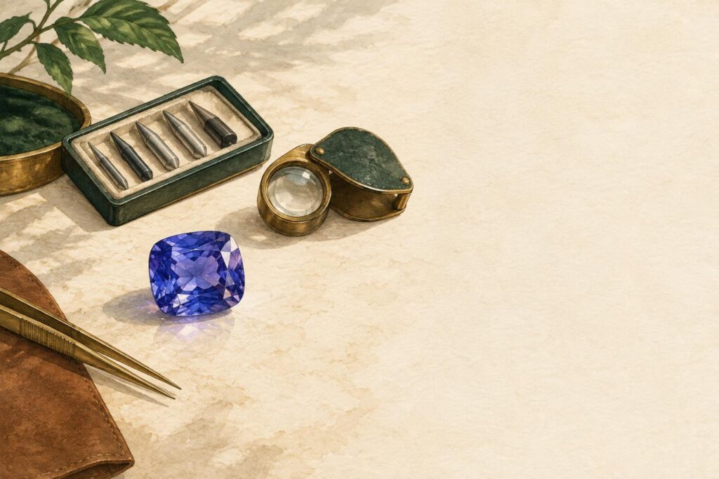 Loose tanzanite gemstone in cushion cut showing deep blue-violet colour, with jeweller's loupe and hardness testing tools on a work surface.