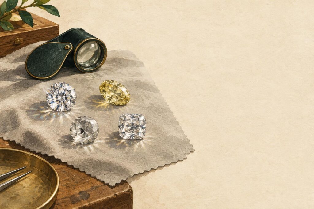 Four loose diamonds on a jeweller's cloth, each showing different grades of cut, clarity, colour and carat.