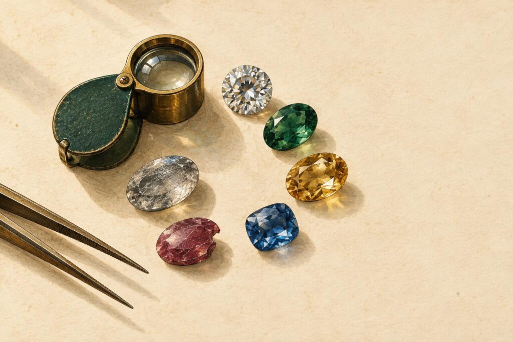 Loose gemstones on a jeweller's workbench, one showing a chip, with a magnifying loupe nearby.