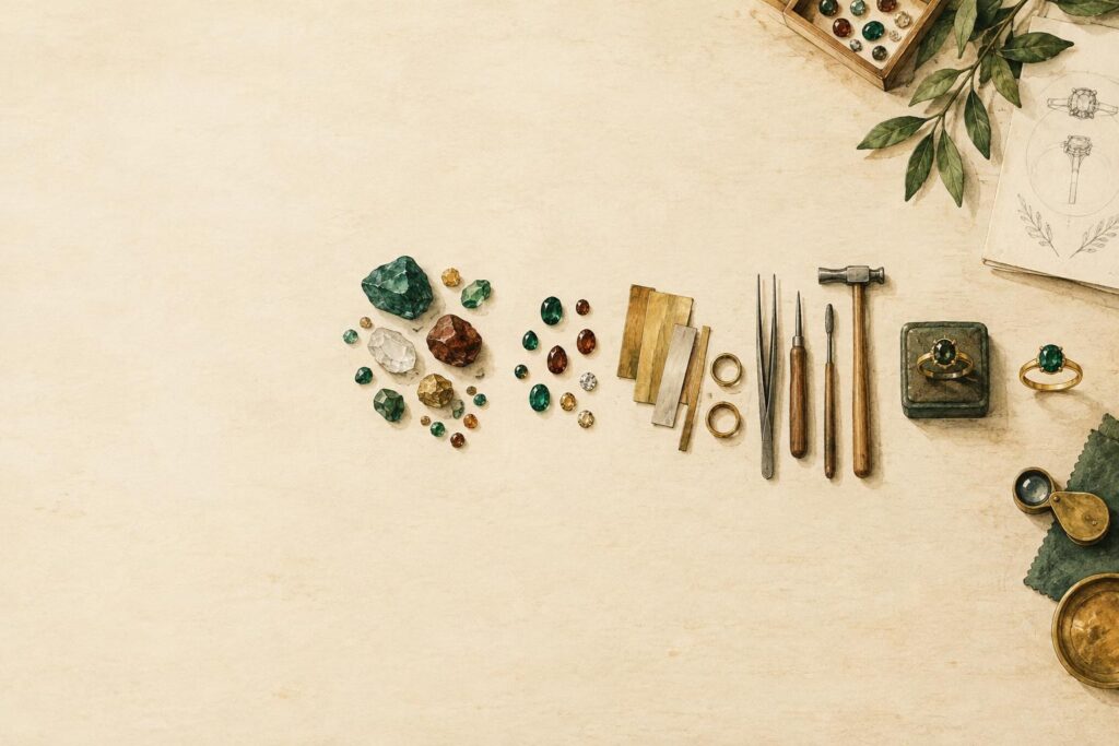 Jeweller's bench with gemstones, metals and tools arranged in a left-to-right timeline sequence showing progression toward a final proposal