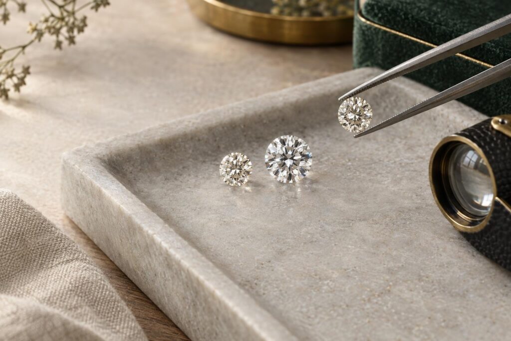 Three loose round brilliant diamonds in a row on a grey tray, with tweezers and a loupe, showing colour matching