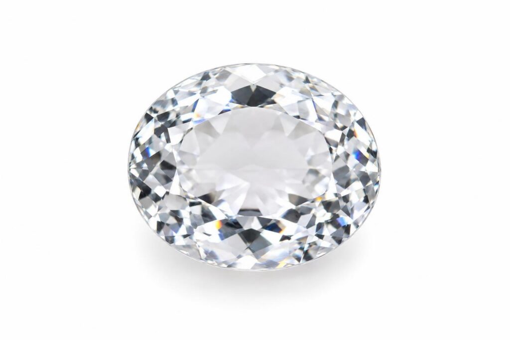 Faceted oval colourless topaz, water-clear with bright reflections, on white
