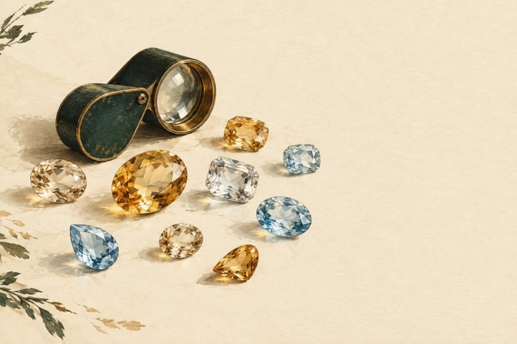 Loose topaz gemstones in various natural colours arranged on a work surface with a jeweller's loupe.