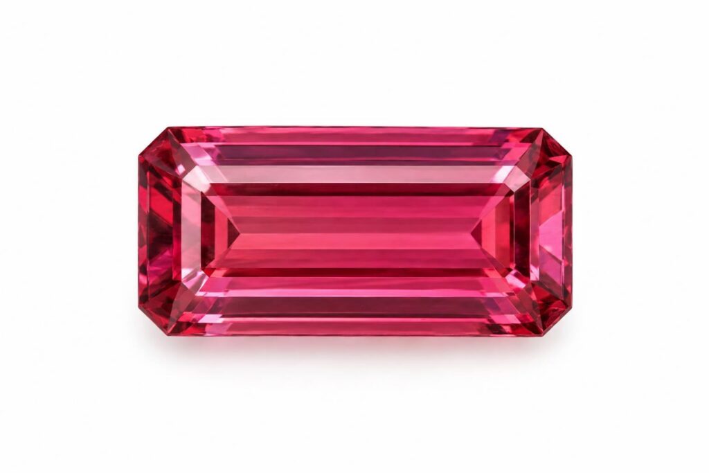 Faceted pink-to-red rubellite tourmaline in an elongated step cut on white