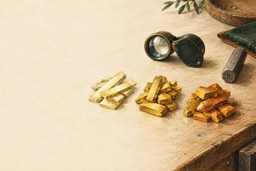 Three gold metal ingots in progressively deeper shades arranged on a jeweller's bench with a loupe and hallmarking tool.