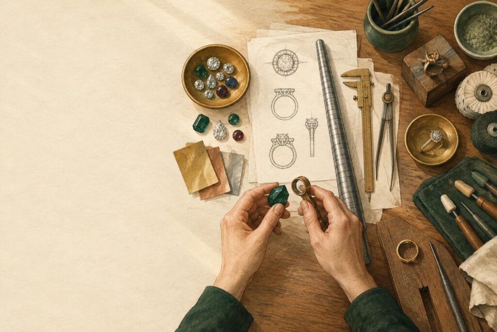 Jeweller's bench with gemstones, sketches, ring mandrel, measurement tools, and metalwork arranged to show stages of ring creation.