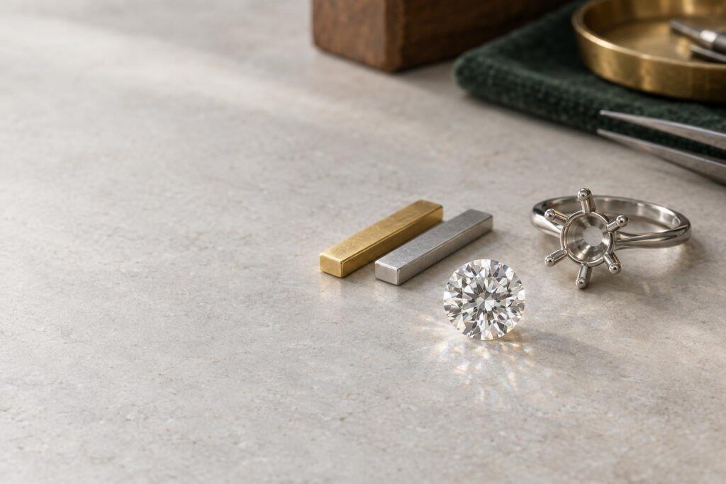 Loose round brilliant diamond, gold and white metal bars and an empty six-prong setting arranged on a pale stone bench