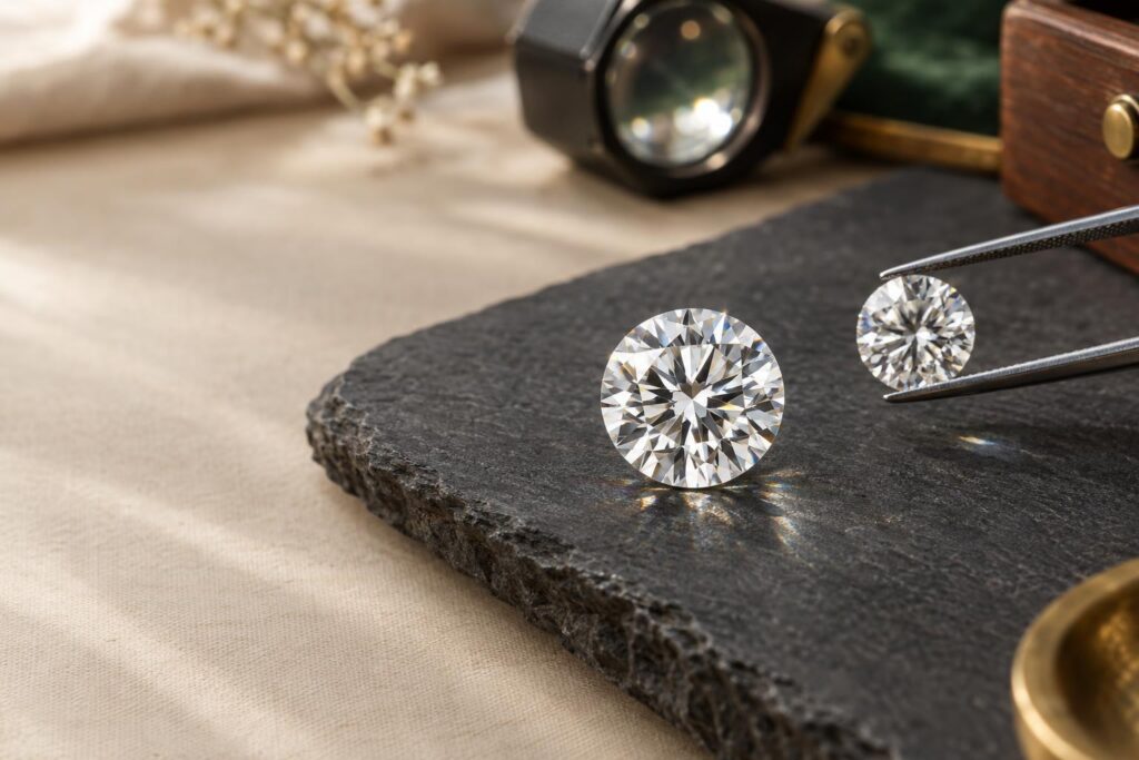 Two loose round brilliant diamonds of slightly different size compared with tweezers and a loupe on dark slate